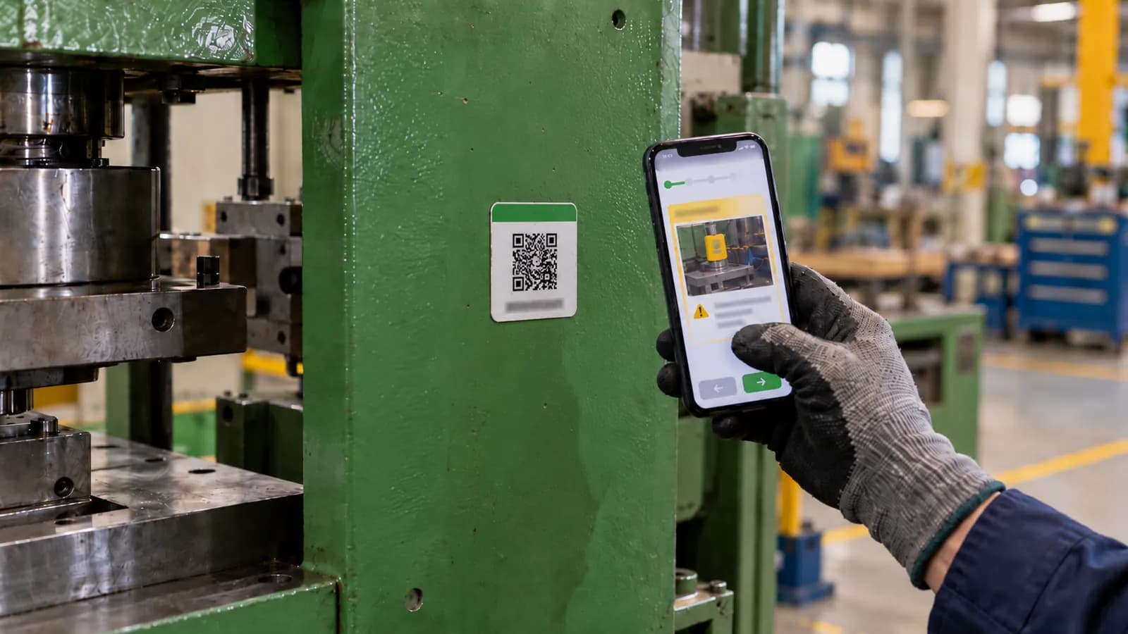 Étiquette QR collée sur une presse ; le téléphone qui l'a scannée affiche la procédure étape par étape