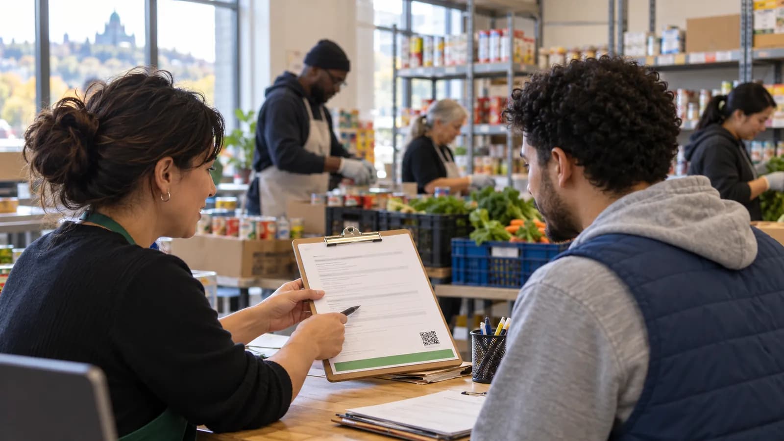 Accueil d'une banque alimentaire : une coordonnatrice montre une politique imprimée avec son code QR à un bénévole